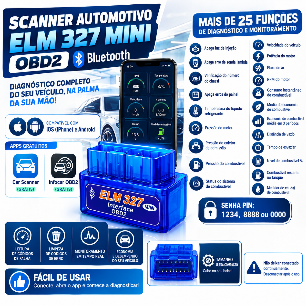 Características do Scanner Automotivo Bluetooth Obd2 Eml 327 Android Ios Obdii
